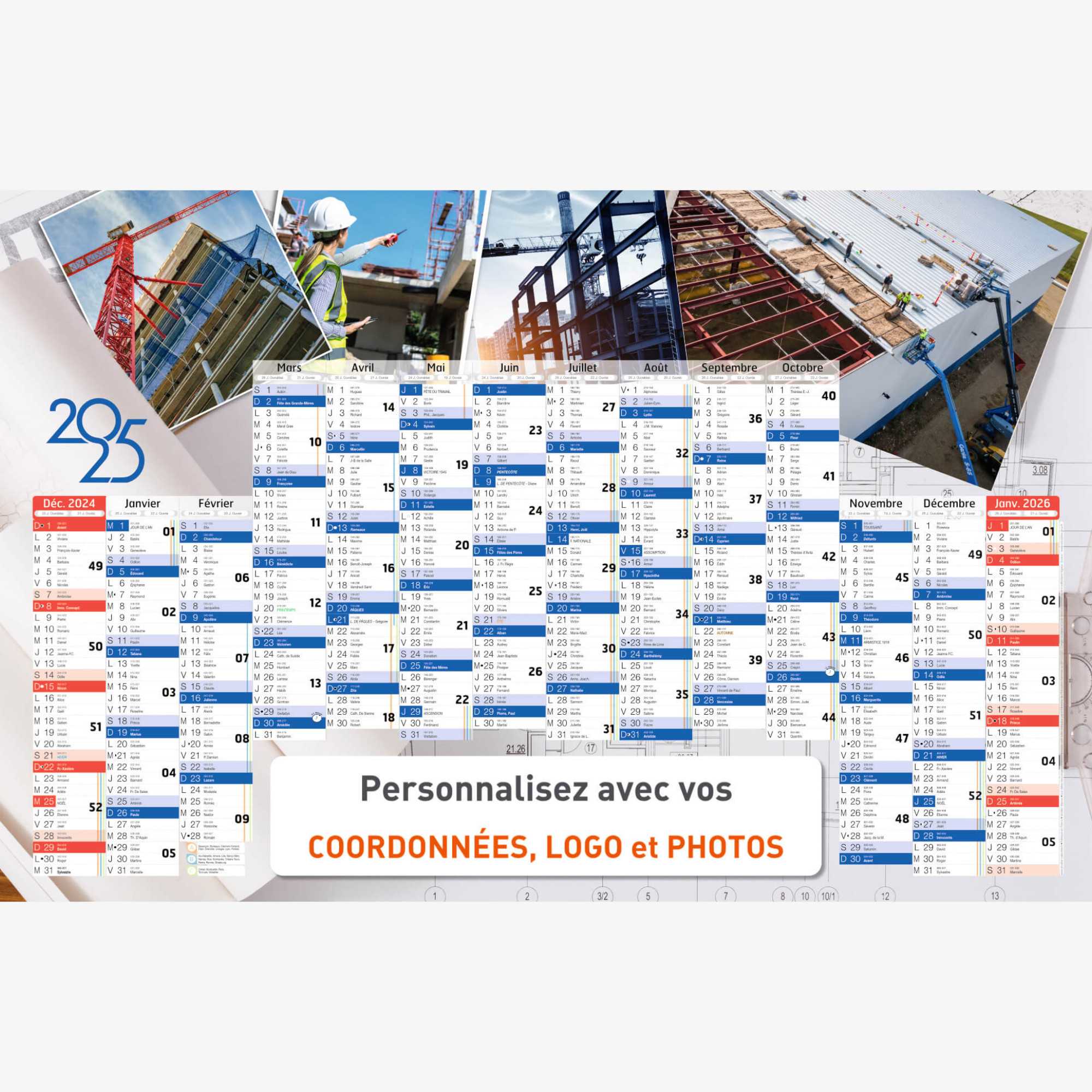 Calendrier bancaire 2025 personnalisé BTP - 66 x 43 cm