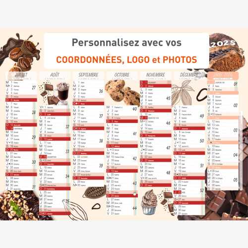 Calendrier bancaire 2025 personnalisé CHOCOLAT - 54x42 cm ou 43x33 cm ou 21x27 cm