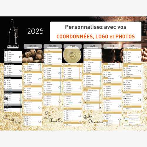 Calendrier bancaire 2025 personnalisé CHAMPAGNE - 54x42 cm ou 43x33 cm ou 21x27 cm