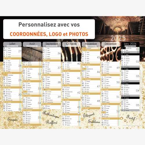 Calendrier bancaire 2025 personnalisé CHAMPAGNE - 54x42 cm ou 43x33 cm ou 21x27 cm