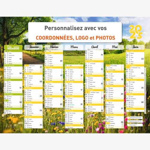 Calendrier bancaire 2025 personnalisé CAMPAGNE - 54x42 cm ou 43x33 cm ou 21x27 cm