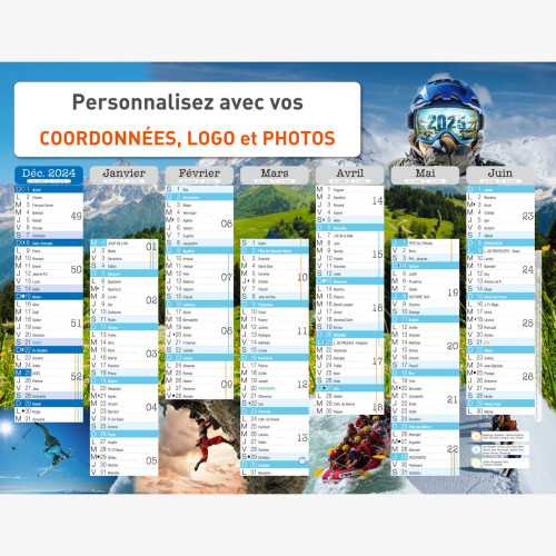 Calendrier bancaire 2025 personnalisé SPORTS EXTREMES - 54x42 cm ou 43x33 cm ou 21x27 cm