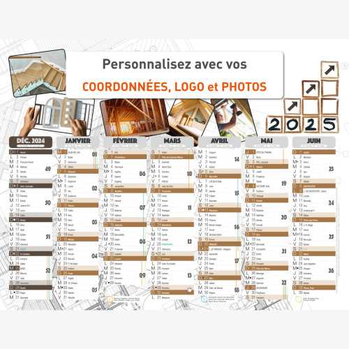 Calendrier bancaire 2025 personnalisé MENUISERIE - 54x42 cm ou 43x33 cm ou 21x27 cm