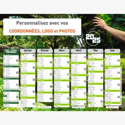 Calendrier bancaire 2025 personnalisé FORET - 54x42 cm ou 43x33 cm ou 21x27 cm