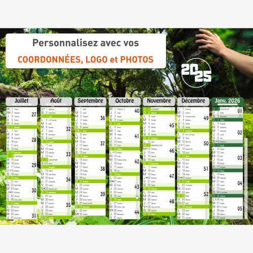 Calendrier bancaire 2025 personnalisé FORET - 54x42 cm ou 43x33 cm ou 21x27 cm