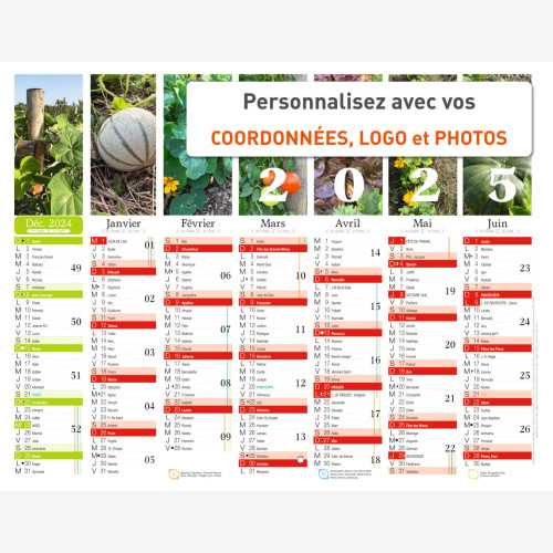 Calendrier bancaire 2025 personnalisé POTAGER - 54x42 cm ou 43x33 cm ou 21x27 cm