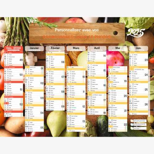 Calendrier bancaire 2025 personnalisé FRUITS &amp; LEGUMES - 54x42 cm ou 43x33 cm ou 21x27 cm