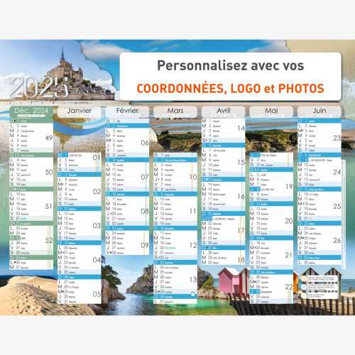 Calendrier bancaire 2025 personnalisé FRANCE LITTORAL - 54x42 cm ou 43x33 cm ou 21x27 cm