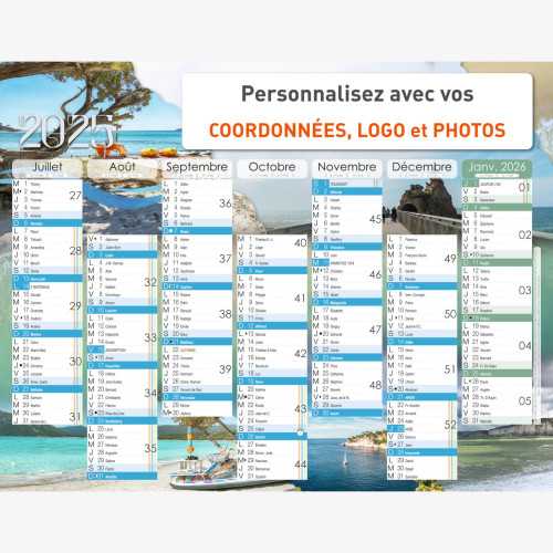 Calendrier bancaire 2025 personnalisé FRANCE LITTORAL - 54x42 cm ou 43x33 cm ou 21x27 cm