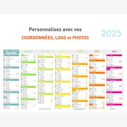 Calendrier bancaire 2025 personnalisé COLOR - 54x42 cm ou 43x33 cm ou 21x27 cm