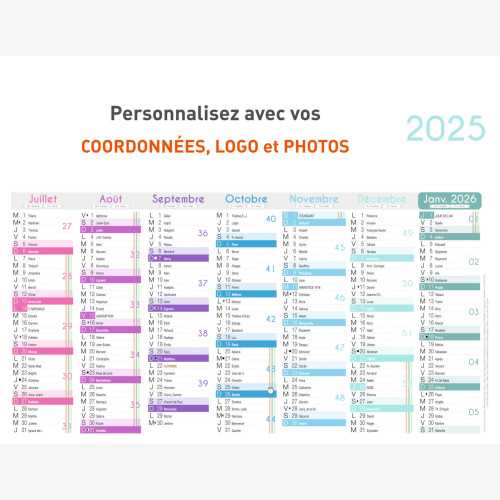 Calendrier bancaire 2025 personnalisé COLOR - 54x42 cm ou 43x33 cm ou 21x27 cm