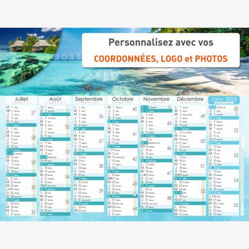 Calendrier bancaire 2025 personnalisé LAGON - 54x42 cm ou 43x33 cm ou 21x27 cm