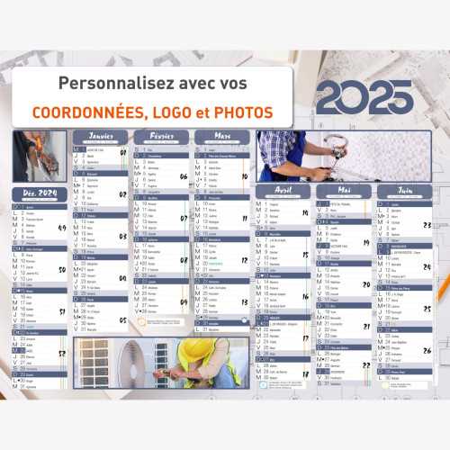 Calendrier bancaire 2025 personnalisé PLOMBIER / ELECTRICIEN - 54x42 cm ou 43x33 cm ou 21x27 cm