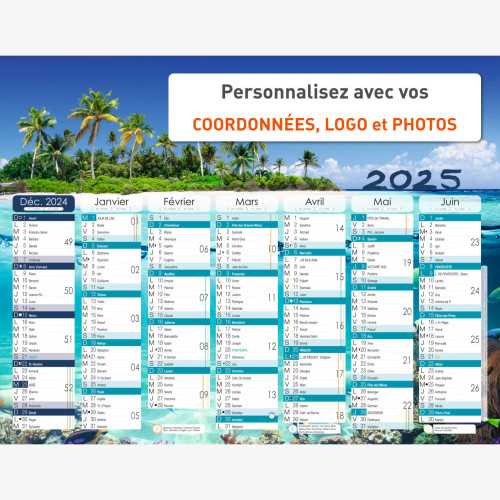 Calendrier bancaire 2025 personnalisé EXOTIQUE - 54x42 cm ou 43x33 cm ou 21x27 cm