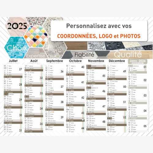 Calendrier bancaire 2025 personnalisé CARRELEUR - 54x42 cm ou 43x33 cm ou 21x27 cm