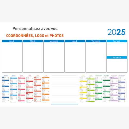 Calendrier bancaire 2025 personnalisé EMPLOI DU TEMPS EFFACABLE - 66 x 43 cm