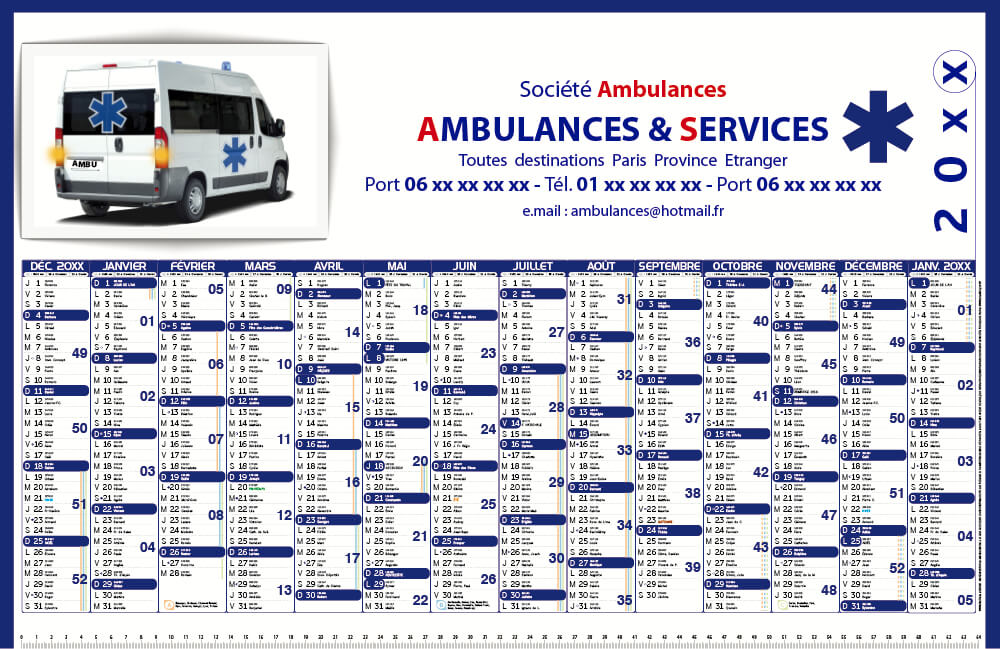 Calendrier publicitaire ambulance pour les ambulanciers